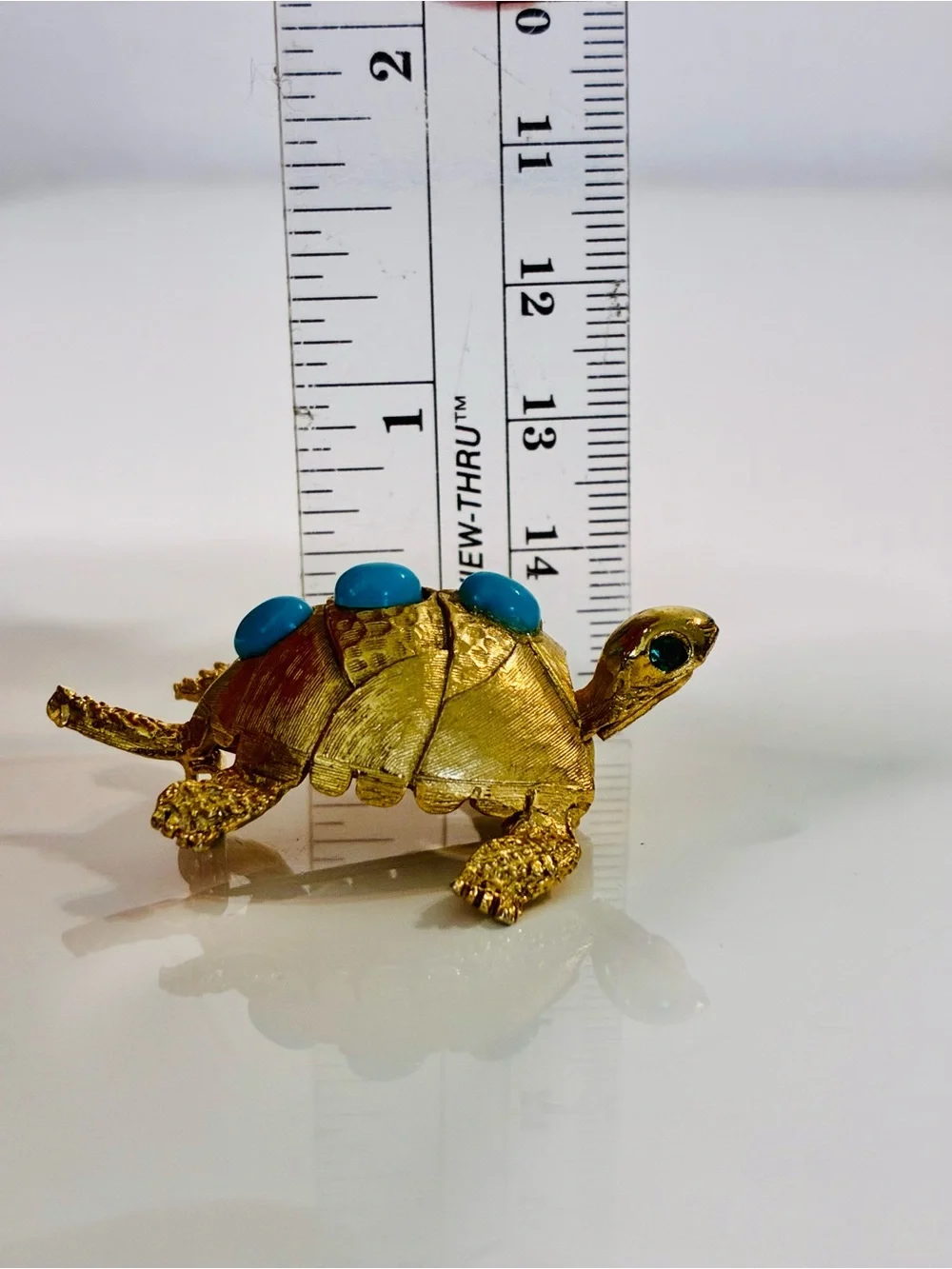 VTG PELL Gold-Tone Turtle Brooch with Turquoise Cabochons and Emerald Eyes EUC